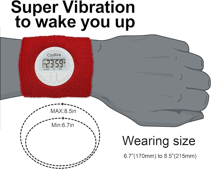 Coolfire Vibrating Alarm Clock - Silent Alarm Wristband Vibrating Alarm Watch. Silent Wrist Shock Alarm Clock. Vibration Alarm Bracelet Deep Sleeper & Vibrate Alarm (Black) (RED)