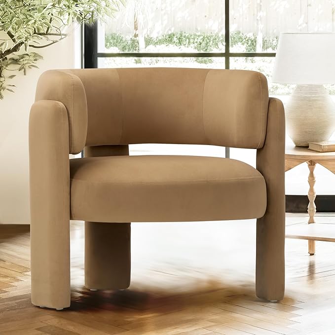 COLAMY Modern Velvet Accent Chair, Upholstered Barrel Chair, Comfy Side Arm Chair with 3 Legs for Living Room, Bedroom, Reading, Khaki