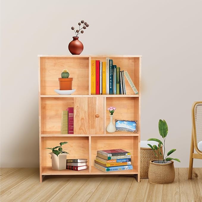 Natural Bookcase by Natural Wood, 7 Cube Bookshelf, Small Book Shelves Freestanding Display Storage Shelves. Open Bookshelf for Bedroom, Living Room and Office (Natural, 7 Cube)