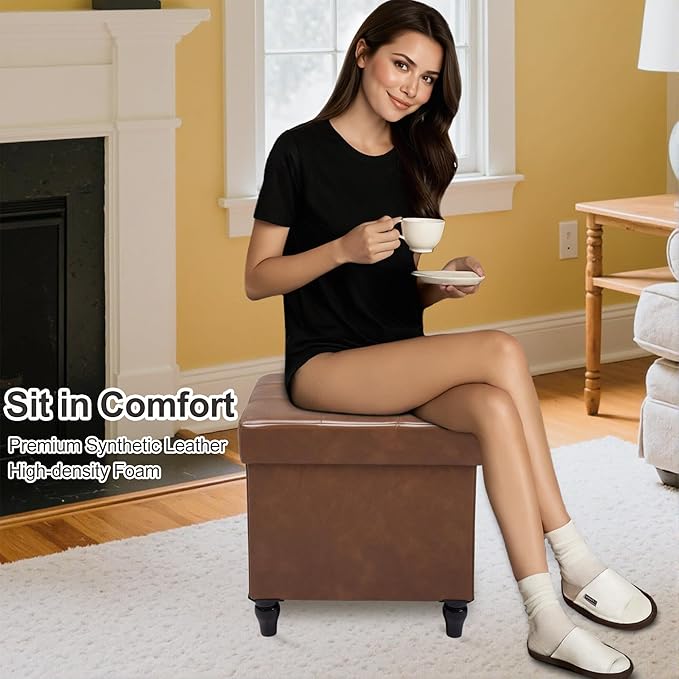 GLAXYFUR Storage Ottoman Bench, 15 Inches Foldable Ottoman Foot Stool with Legs, PU Leather Footrest for Living Room, Bedroom, Dorm (Brown)