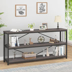 IBF Wood and Metal Book Shelf, Industrial Rustic Low 3 Tier Bookshelf, Farmhouse Long Wide Vintage Horizontal Bookcase, Modern Large Open Etagere for Home Office Living Room Bedroom, Gray Oak, 63 Inch