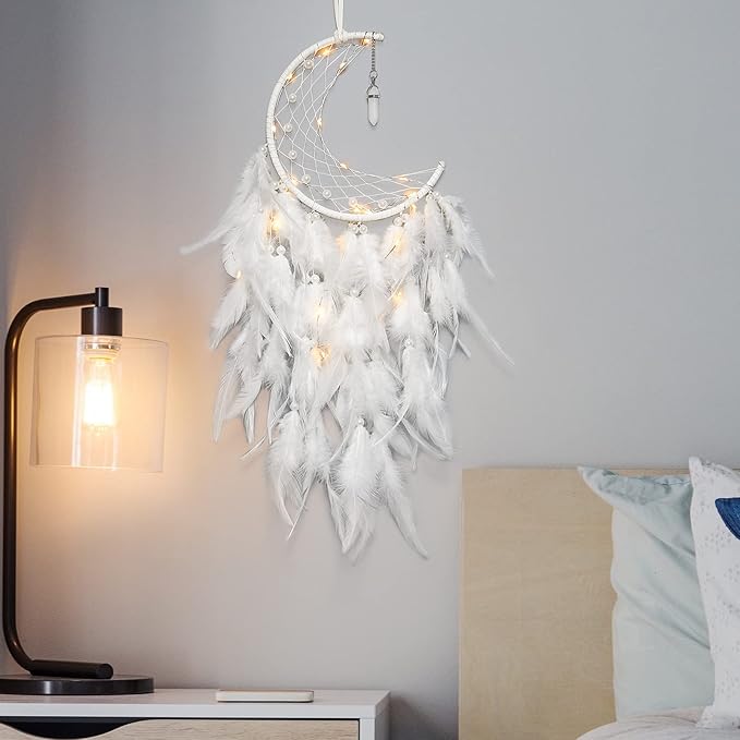 Dremisland Moon Dream Catcher with Fairy Lights-Handmade Feather Lucky Turquoise Pendant Beads Wall Hanging Ornament for Kids Bedroom Home Decoration,Art Craft Gift. (Pure White)