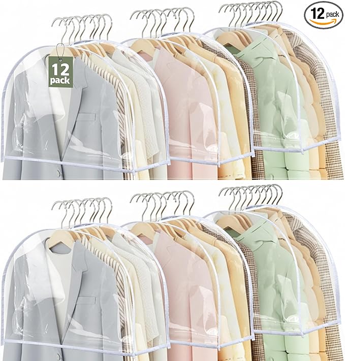 Patelai 12 Pcs 4" Gusseted Plastic Shoulder Covers for Hanging Clothes Coat Covers for Closet Clear Garment Breathable Bag for Jacket Clothing Coat Dress (Transparent)