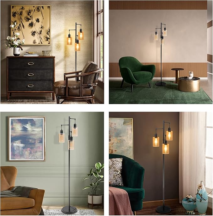 Farmhouse Floor Lamp, Dimmable Floor Lamp for Living Room, Rustic 3 Lights Oil Rubbed Bronze Tree Standing lamp, Vintage Tall Pole Lamp with Amber Glass Shade