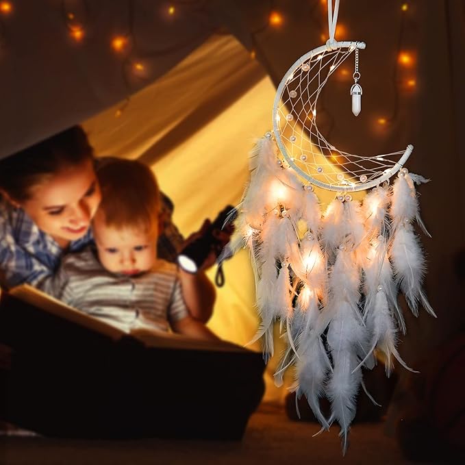 Dremisland Moon Dream Catcher with Fairy Lights-Handmade Feather Lucky Turquoise Pendant Beads Wall Hanging Ornament for Kids Bedroom Home Decoration,Art Craft Gift. (Pure White)
