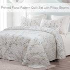 Exclusivo Mezcla Reversible Boho Quilts King Size, White Bedspreads Lightweight Coverlet All Season Flowers Quilt Bedding Set with Printed Floral Pattern (1 Quilt, 2 Pillow Shams)
