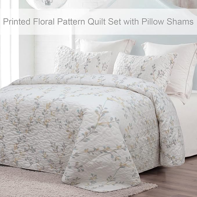 Exclusivo Mezcla Reversible Boho Quilts Queen Size, White Bedspreads Lightweight Coverlet All Season Flowers Quilt Bedding Set with Printed Floral Pattern (1 Quilt, 2 Pillow Shams)
