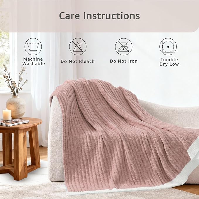 WRENSONGE Striped Throw Blanket, Pink Soft Cozy Fluffy Warm Hand Made Throw Blankets for Couch, Sofa, Chair, Bed, Camping, Picnic, Travel Lightweight Bed Blanket - 50"*60"