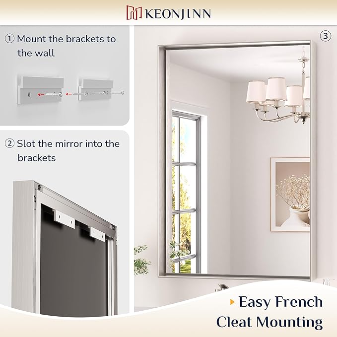 Keonjinn 48 x 36 In Brushed Nickel Bathroom Mirror, Rectangular Metal Framed Wall Vanity Mirror for Over Sink Square Corner Aluminum Alloy Modern Farmhouse Rectangle Silver Mirror(Horizontal/Vertical)