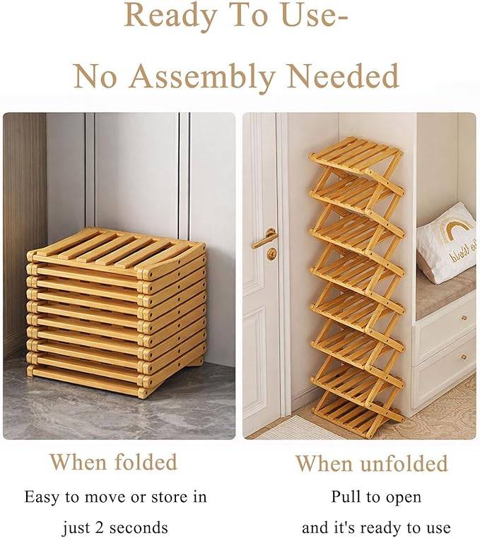 The 9-Tier No-Assembly Bamboo Rack, 2026 Upgraded Foldable 9 Tier Bamboo Corner Shoe Rack, Space-Saving Organizer for Shoes, No Assembly Narrow Shoe Shelf for Entryway Closet Dorm (Yellow, 4 Layers)