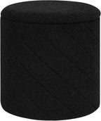 Round Boucle Storage Ottoman with Reversible Wood Tray, 17.7" Sherpa Cylinder Footrest Stool with Storage, Upholstered Folding Ottoman Coffee Table for Living Room Bedroom Dorm, Black