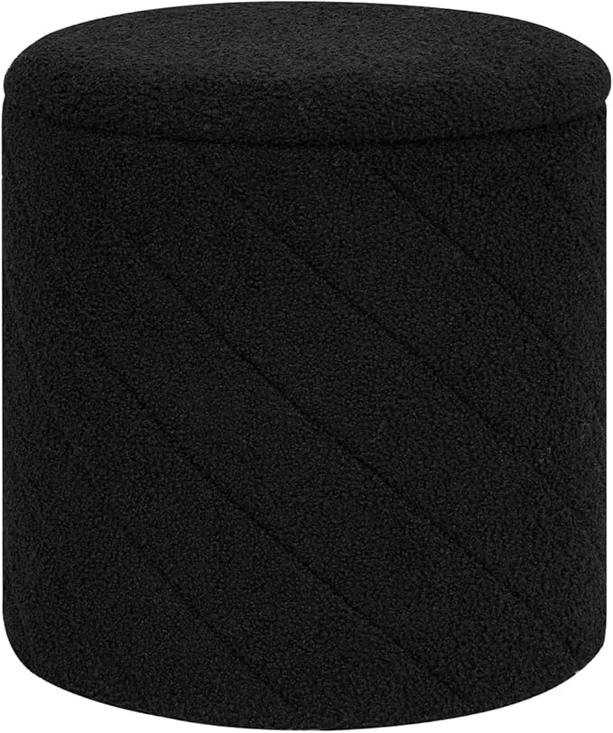 Round Boucle Storage Ottoman with Reversible Wood Tray, 17.7" Sherpa Cylinder Footrest Stool with Storage, Upholstered Folding Ottoman Coffee Table for Living Room Bedroom Dorm, Black