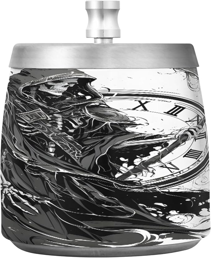 Black Death Ashtray with Lid, Outdoor Ashtrays for Patio, Stainless Steel Ashtray Odorless Smokeless for Home Office Balcony