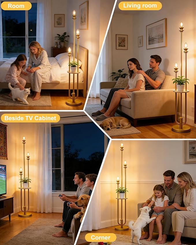 Lightdot Gold Dimmable Floor Lamp with Table, Modern Floor Lamps for Living Room, 3000K Warm Lights Tall Standing Lamp with Candle Bulb Included for Bedroom/Home Office/Sofa Beside/Corner Decor