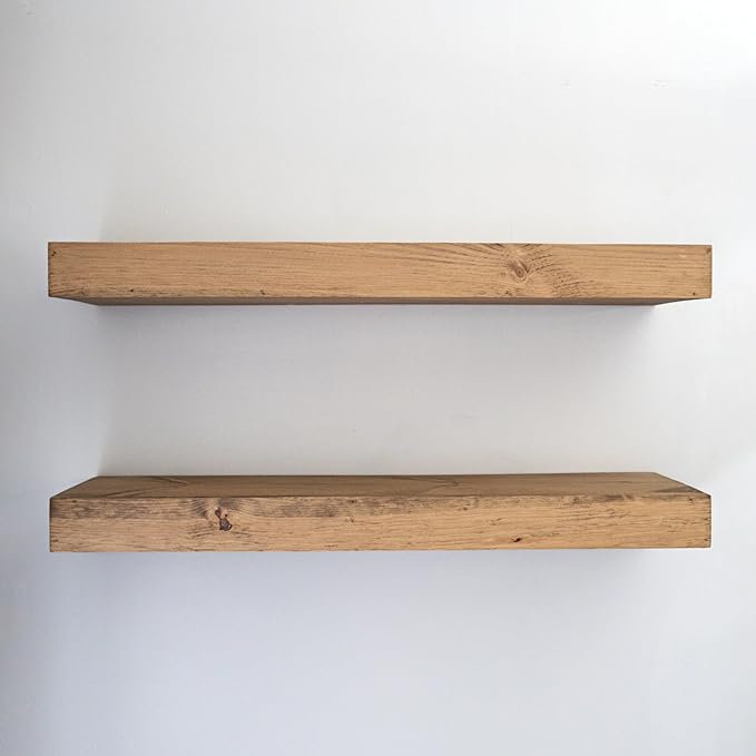 Urbandi Modern Floating Shelves 3 Inches Thick for Wall, Wide Shelves for Kitchen, Living Room, Bedroom, and Bathroom, Natural Pine Wood, Rustic Wooden Shelf, (Set of 2) (Aged Oak, 48Lx3Hx8D)