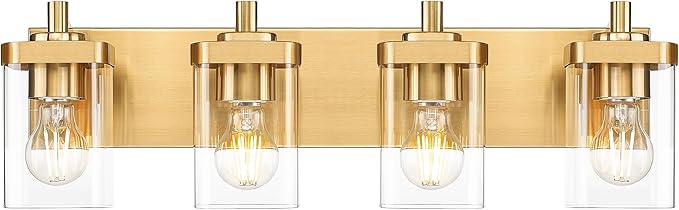 Bathroom Light Fixtures, 25" Brushed Gold Vanity Light, 4-Light Modern Wall Sconces with Square Clear Glass Shade, Vanity Lighting Fixtures Over Mirror, VL194-BG-4