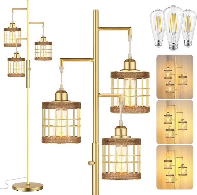 QiMH Industrial Floor Lamps for Living Room, Tree Standing Lamp with Stepless Dimmable, 68" Tall Lamps for Bedroom Study, 3 LED Bulbs Included, Gold