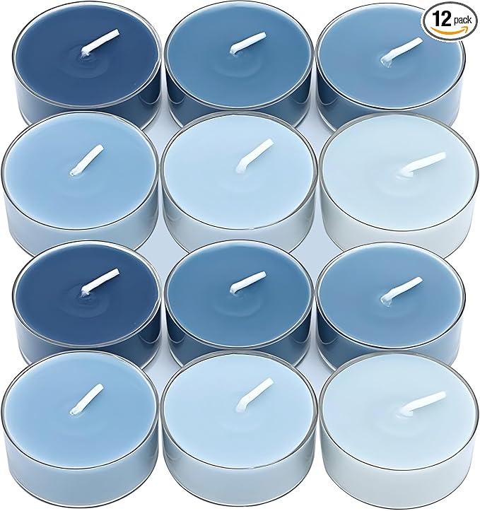 Honoson 12 Pack Blue Tea Lights Candles Blue Round Tea Light Natural Wax Scented 6 Scents Conversation Candle for Spring Easter Wedding Engagement Gifting Aromatherapy Anniversary Summer Home Decor