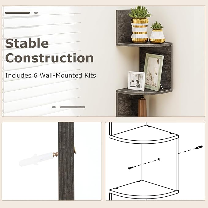 Tangkula 5-Tier Corner Shelf Wall Mount, Farmhouse Floating Corner Bookshelf, Industrial Modern Display Shelf Stand, Wooden Storage Organizer for Living Room Home Office (2, French Oak)