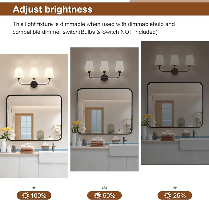 Kvhilw Bathroom Vanity Light, Matte Black Bathroom Light Fixtures, 3-Light Lighting Fixtures Over Miror, Modern Wall Sconce with Flared White Fabric Shade, E26 Socket(ETL Listed)