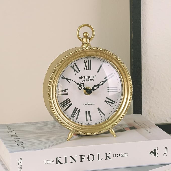 NIKKY HOME Gold Table Clock, Silent Non-Ticking Shelf Desk Top Clock Battery Operated Classic Design, Decorative Home Decor for Living Room, Fireplace Mantel, Desktop, Countertop