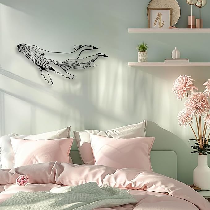 LIYOUYA Whale Metal Wall Decor - Ocean Life Art Room Decor Simple Line Black Wall Art Home Decor for Living Room, Bathroom, Bedroom, Dining Room (Black)