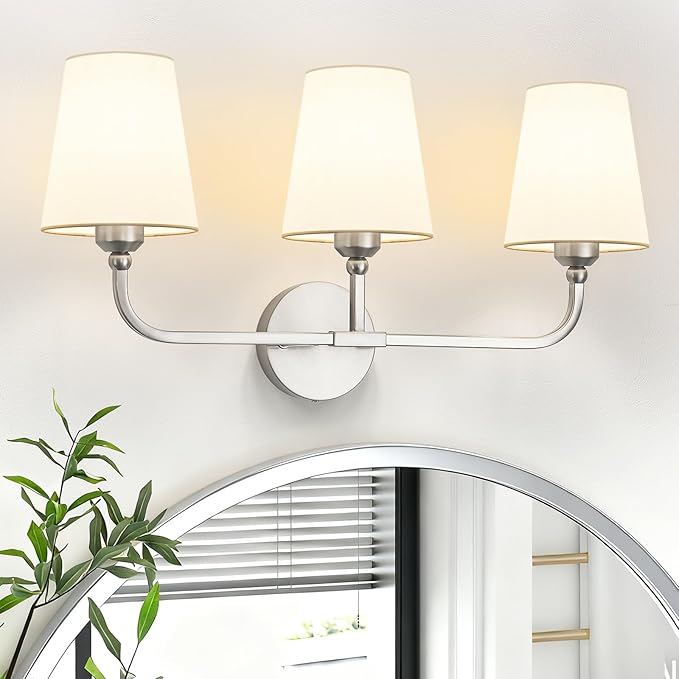 Kvhilw Bathroom Vanity Light, Brushed Nickel Bathroom Light Fixtures, 3-Light Lighting Fixtures Over Miror, Modern Wall Sconce with Flared White Fabric Shade, E26 Socket(ETL Listed)