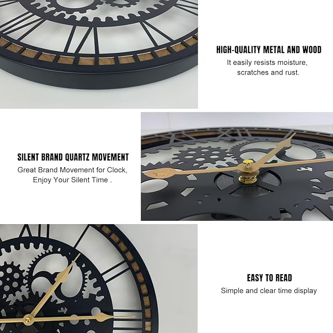 24 Inch Wall Clock, Gear Clock, Silent Non Ticking, Battery Operated Large Wall Clocks for Living Room Decor, Kitchen, Office (Vintage Industrial Steampunk)