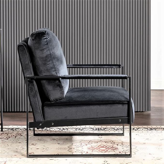 Container Furniture Classic Mid Century Modern Accent Chair with Durable Square Metal Frame, Armchair for Living Room, Bedroom, Home Office in Plush Velvet Upholstery, Black