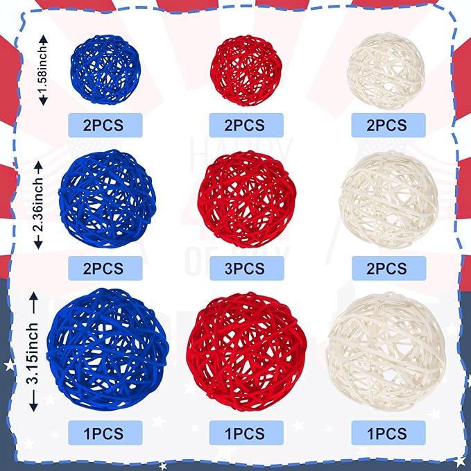 SANNIX 16 Pcs Red White and Blue Rattan Balls 4th of July Vase Filler Wicker Balls Patriotic Decorations 3 Sizes Decorative Balls for Bowls Independence Day Home Table Decor