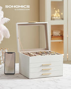 SONGMICS GISELLA Collection - Jewelry Box Organizer, 4-Layer Jewelry Storage with 3 Drawers, Shiny Metal Hardware, Glass Lid, Modern, 8 x 9.1 x 6.5 Inches, Cloud White and Gold Color UJBC173W01
