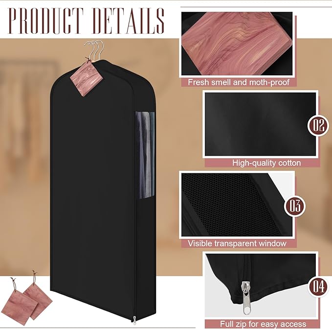 2 Set 40in Short Cotton Garment Bags, 6in Wide Gusset Hanging Storage Clothes with 8 Cedar Blocks, Transparent Mesh Window, Breathable Closet Bags for Fur Coat Suit Sweater Dress, Black