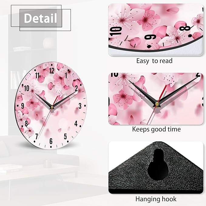 SPUNKER Wall Clocks,Cherry Blossom Wall Clocks for Living Room Decor,Pink Sakura Flower Kitchen Clocks Wall Battery Operated - 10 Inch Round Bathroom Wall Clock Silent Non-Ticking
