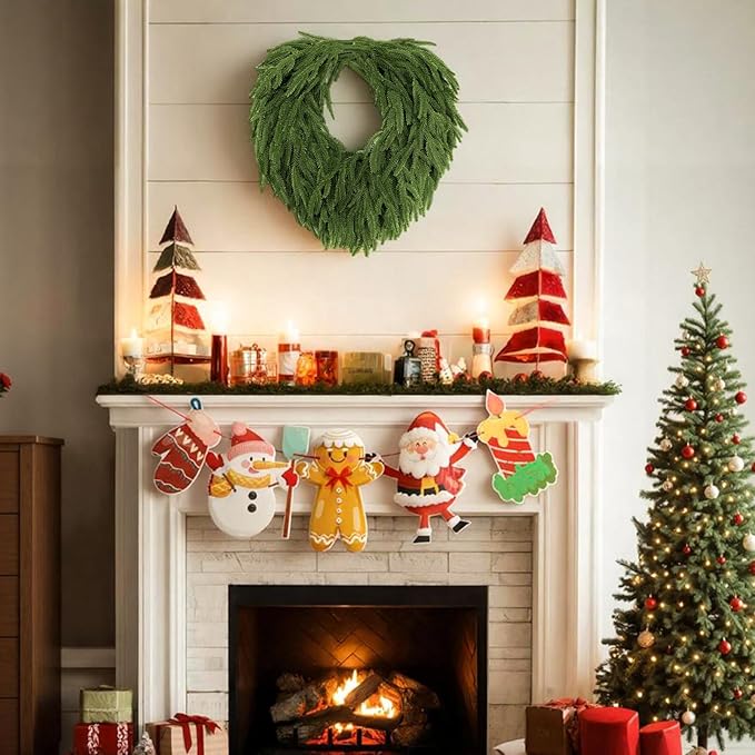 24" Norfolk Pine Wreath, Artificial Christmas Wreaths, Real Touch Green Winter Garland for Front Door Wall Window Indoor Outdoor Christmas Home Holiday Decor, FF13