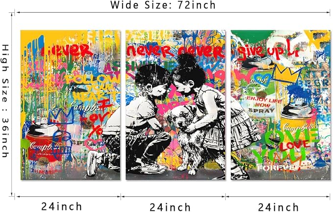 Novatique Banksy Canvas Wall Art Graffiti Pictures Wall Decor Abstract Boy and Girl Street Art Canvas Painting Home Decor Graffiti Art Oil Painting for Living Room Bedroom, 24”x 36”x 3Pcs