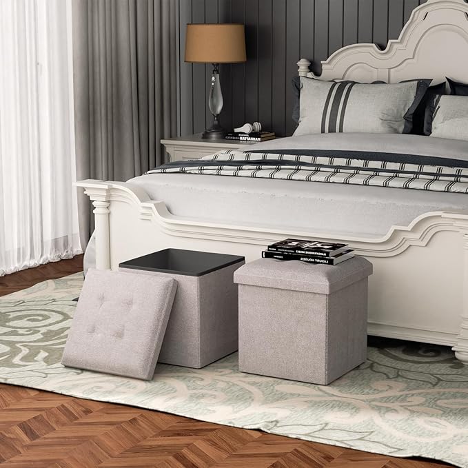 MoNiBloom 15 Inches Storage Ottoman Cube, Folding Square Foot Rest Stool, Small Ottoman Footrest with Storage for Living Room, Bedroom, Entryway, Sandy Beige