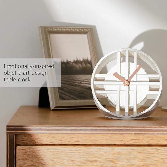AonT Design Modern Desk Clock (Korean Lattice Pattern) Silent Analog Minimalist – Made in Korea Decorative Shelf Clock for Table and Living Room Decor (White)