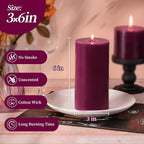 KONNI Purple Pillar Candles Set of 3, 3"x 6" Unscented Pillar Candles Bulk, 56 Hours Long Burning Candles, Smokeless&Dripless Large Round Candle for Wedding, Home Decoration, Parties, Spas, Dinner