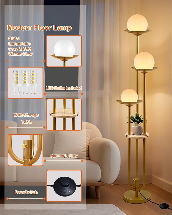 Lightdot Globe Floor Lamp with Shelf 3-Lights Modern Dimmable Floor Lamps for Wedding/Party, 3000K Warm White Bulbs Included, Gold Tall Standing Lamp for Living Room/Bedroom/Sofa Beside/Corner Decor