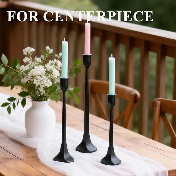 Tall Black Cast Iron Candlestick Holders Set of 3, Wrought Iron Tall Taper Candle Holders, Candle Sticks Holders Decor for Home Decor, Mantle, Table, Wedding-11.8"+13.8"+15.4"(Black)