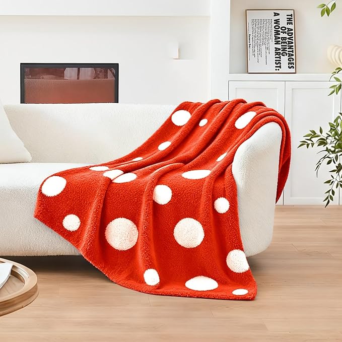 CozeCube Super Soft Fullfy Microfiber Reversible Knitted Blankets, Warm Cozy Fuzzy Plush Throw, Orange red and White Polka Dot Throw Blanket for Couch Bed Sofa, 50" x 60"