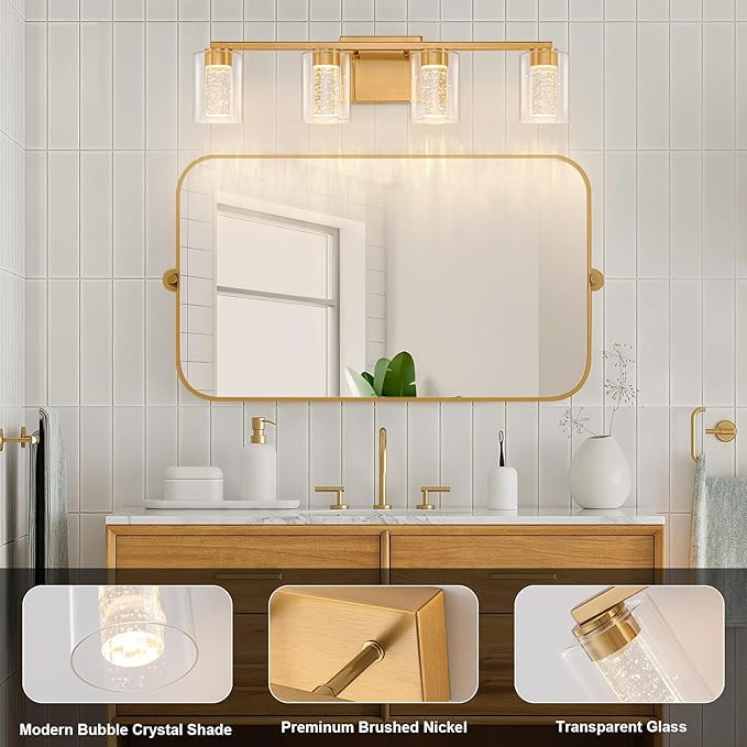 SineRise 4-Light Gold Vanity Light with 3 Color Modes (3000K/4000K/6000K), Eye Protection LED Bathroom Light Fixture, Dimmable Modern Wall Light Over Mirror with Clear Glass Shade