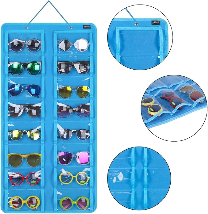 AROUY Sunglasses Organizer Storage, Hanging Dust Proof Wall Pocket Glasses Organizer - 16 Felt Slots Sunglass Organizers Holder with Metal Hook and Sturdy Rope (Dust Proof, Light Blue)