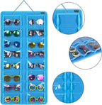 AROUY Sunglasses Organizer Storage, Hanging Dust Proof Wall Pocket Glasses Organizer - 16 Felt Slots Sunglass Organizers Holder with Metal Hook and Sturdy Rope (Dust Proof, Light Blue)