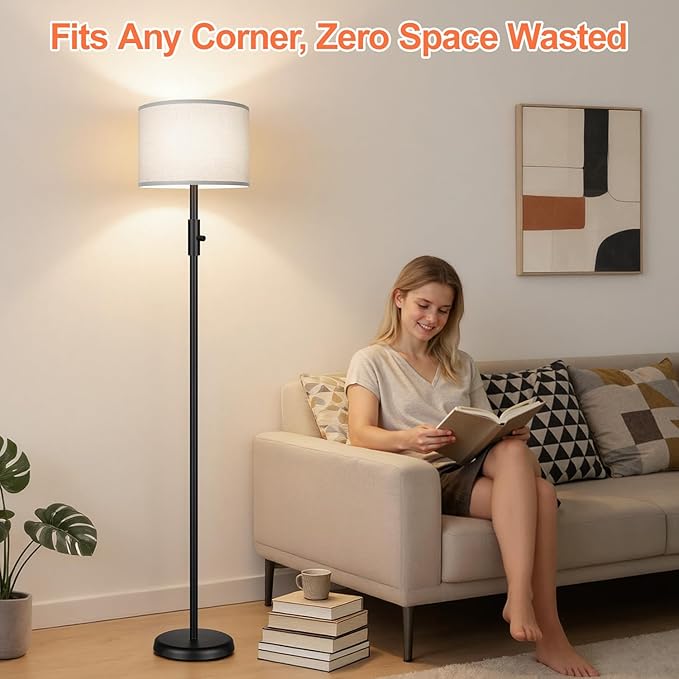 Floor Lamp Simple Design with Shade, Small Tall Lamps for Living Room Bedroom Office Dining Room Kitchen, Black Pole Lamp-Gray