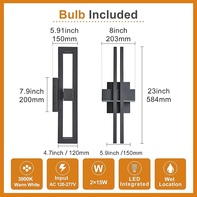 23Inch Large Modern Minimalist Outdoor Wall Light, IP65 Waterproof, 3000K Warm White, 2x15W Integrated LED, Textured Black Finish for Garden, Garage, Patio & Indoor Use