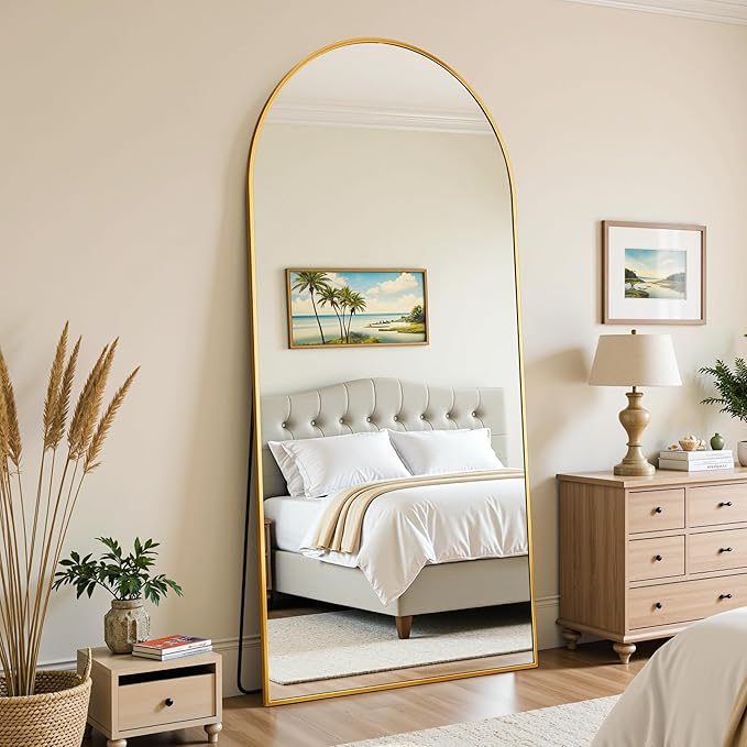 Full Length Mirror, 68"x26" Oversized Floor Mirror Freestanding, Full Body Mirror Floor Standing Mirrors with Stand, Hanging Mounted Mirrors for Bedroom Living Room, Gold, Arched Style