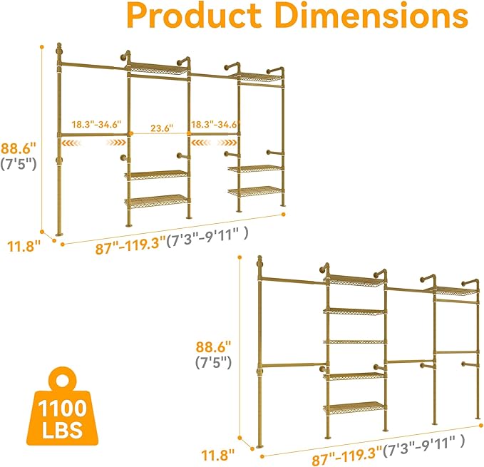 W4 Wall Mounted Clothes Rack, Industrial Pipe Clothing Rack, Garment Rack with 6 Hanging Clothes Rods Double Expandable Rods & 6 Adjustable Shelves, Heavy Duty Corner Wardrobe Racks, Gold