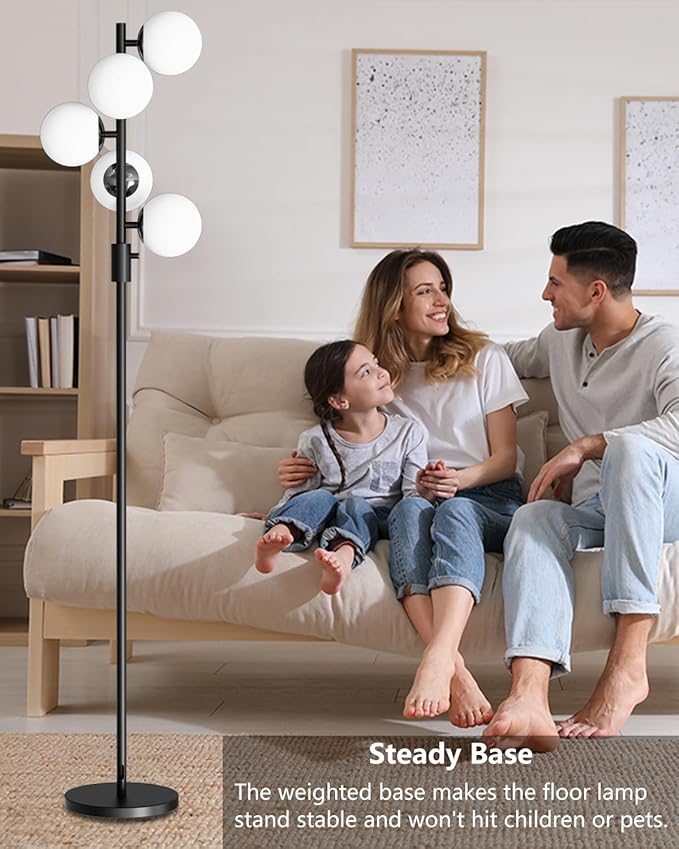 Lightdot 5-Globe Dimmable Globe Floor Lamp Black Retro Standing Lamps with 3000K Bulbs Included Brightness Adjustable Mid Century Modern Floor Lamp for Living Room/Bedroom/Sofa Beside/Corner Decor
