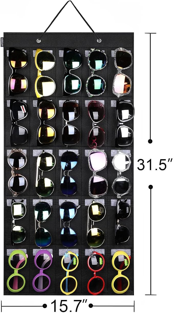 AROUY Sunglasses Organizer Storage, Hanging Wall Pocket Glasses Organizer - 25 Felt Slots Sunglass Organizer Holder Eyeglass Display with Sturdy Rope (Black, Large)
